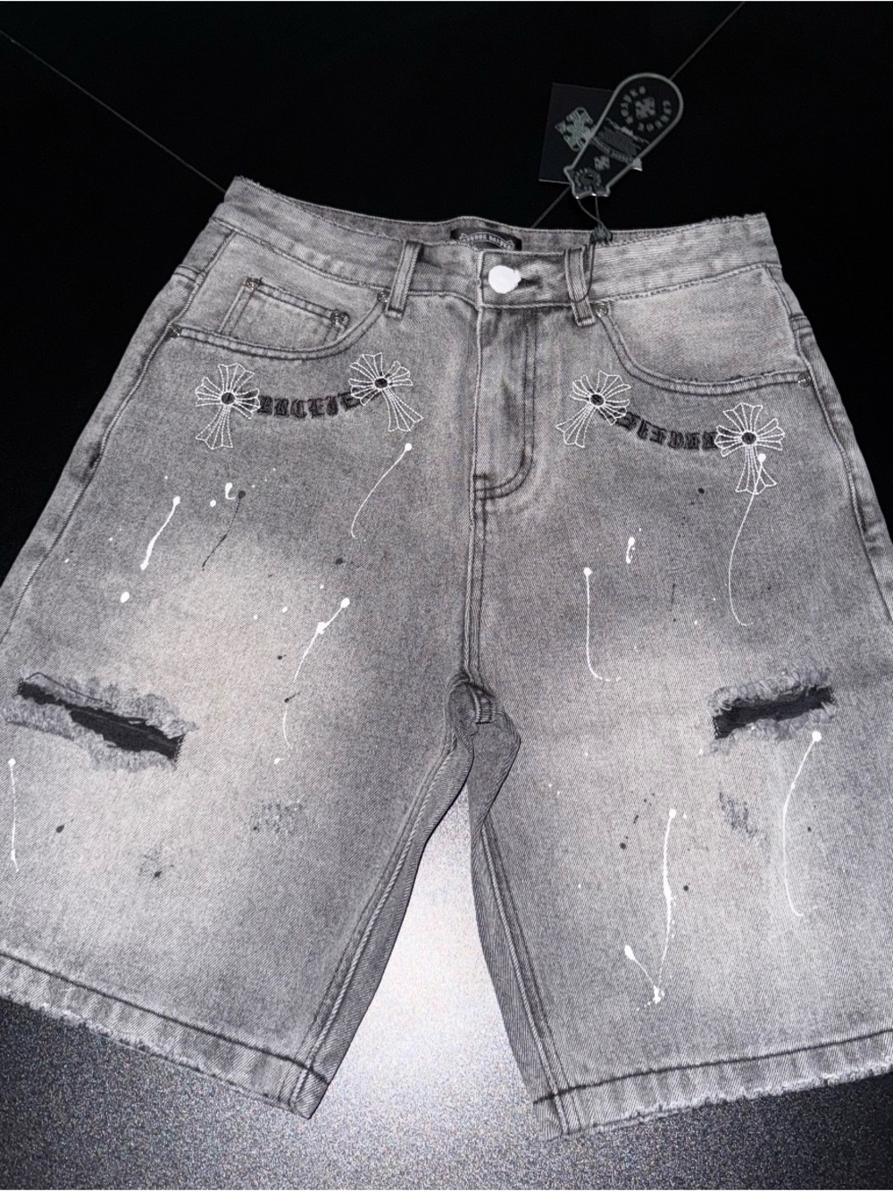 Chrome Hearts Gray Distressed Denim Shorts with White Paint Accents